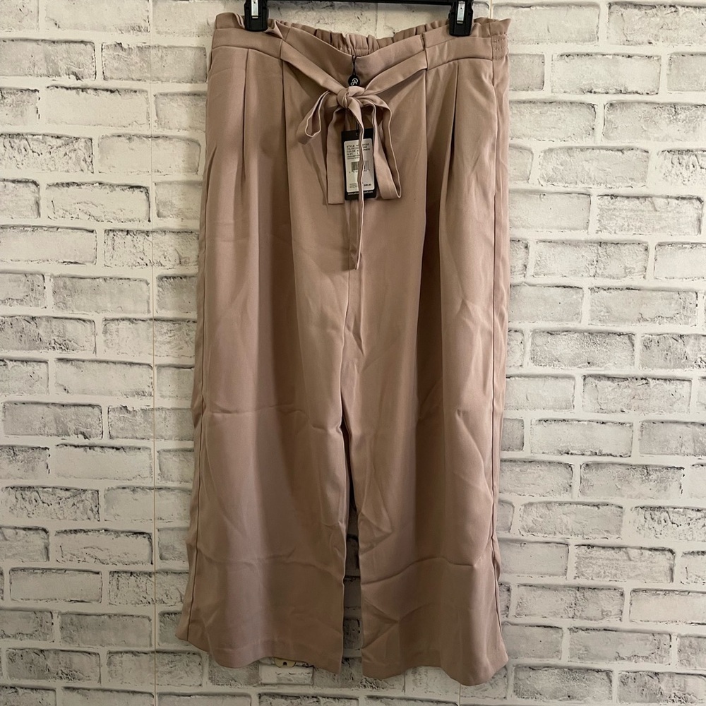 Adrianna Papell Tan Wide Leg Pants with Tie Waist